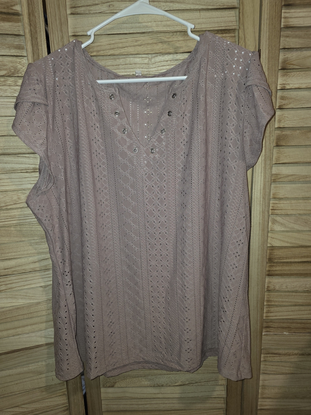 Eyelet V-Neck Knit Blouse in Dusty Mauve